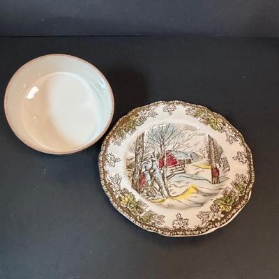 LOT 84: Johnson Bros. of England Ironstone Coffee Pot, Butter Dish & Small Oval Platter Dishware: The Friendly Village Collection