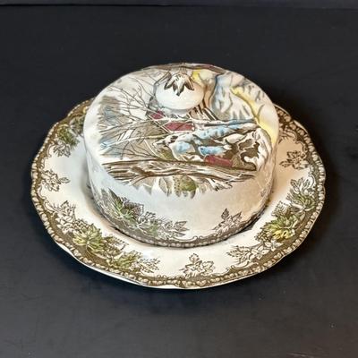 LOT 84: Johnson Bros. of England Ironstone Coffee Pot, Butter Dish & Small Oval Platter Dishware: The Friendly Village Collection