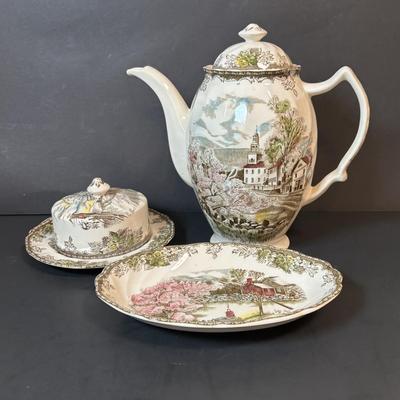 LOT 84: Johnson Bros. of England Ironstone Coffee Pot, Butter Dish & Small Oval Platter Dishware: The Friendly Village Collection
