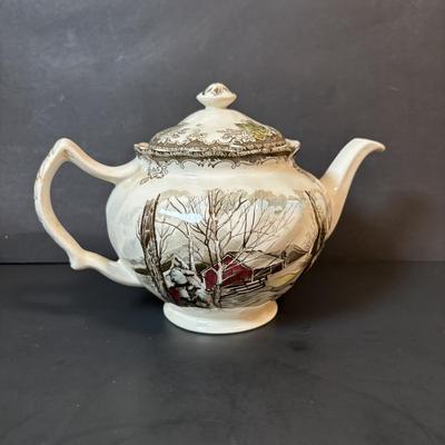 LOT 85: Johnson Bros. of England Ironstone Tea Pot, Sugar Bowl & Creamer Dishware: The Friendly Village Collection