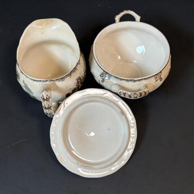 LOT 85: Johnson Bros. of England Ironstone Tea Pot, Sugar Bowl & Creamer Dishware: The Friendly Village Collection