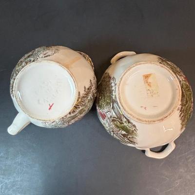 LOT 85: Johnson Bros. of England Ironstone Tea Pot, Sugar Bowl & Creamer Dishware: The Friendly Village Collection