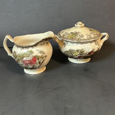 LOT 85: Johnson Bros. of England Ironstone Tea Pot, Sugar Bowl & Creamer Dishware: The Friendly Village Collection