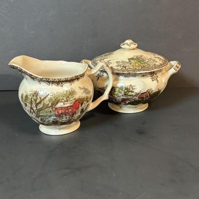 LOT 85: Johnson Bros. of England Ironstone Tea Pot, Sugar Bowl & Creamer Dishware: The Friendly Village Collection