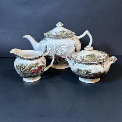 LOT 85: Johnson Bros. of England Ironstone Tea Pot, Sugar Bowl & Creamer Dishware: The Friendly Village Collection
