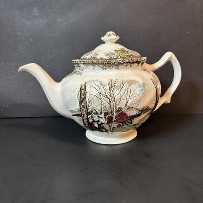 LOT 85: Johnson Bros. of England Ironstone Tea Pot, Sugar Bowl & Creamer Dishware: The Friendly Village Collection