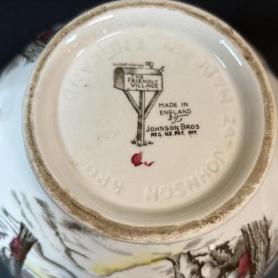 LOT 85: Johnson Bros. of England Ironstone Tea Pot, Sugar Bowl & Creamer Dishware: The Friendly Village Collection