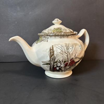LOT 85: Johnson Bros. of England Ironstone Tea Pot, Sugar Bowl & Creamer Dishware: The Friendly Village Collection