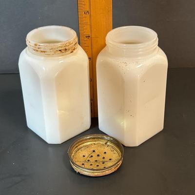 LOT 87: Vintage Milk Glass Salt/Pepper Shakers, Spice Jars and Beehive Grease Jar