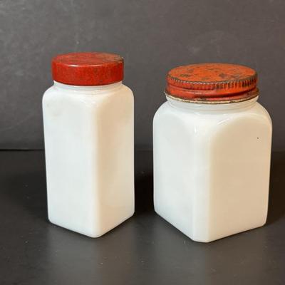 LOT 87: Vintage Milk Glass Salt/Pepper Shakers, Spice Jars and Beehive Grease Jar