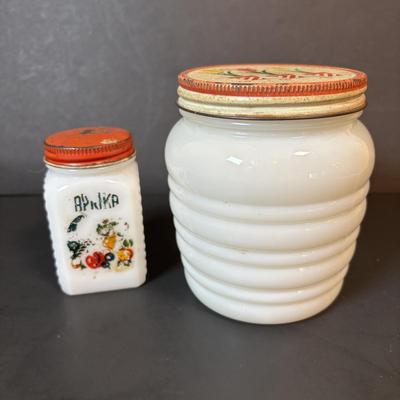 LOT 87: Vintage Milk Glass Salt/Pepper Shakers, Spice Jars and Beehive Grease Jar