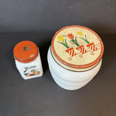 LOT 87: Vintage Milk Glass Salt/Pepper Shakers, Spice Jars and Beehive Grease Jar