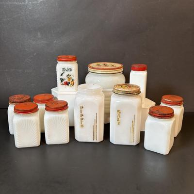 LOT 87: Vintage Milk Glass Salt/Pepper Shakers, Spice Jars and Beehive Grease Jar