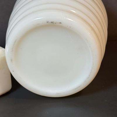 LOT 87: Vintage Milk Glass Salt/Pepper Shakers, Spice Jars and Beehive Grease Jar