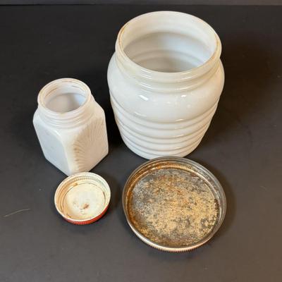 LOT 87: Vintage Milk Glass Salt/Pepper Shakers, Spice Jars and Beehive Grease Jar