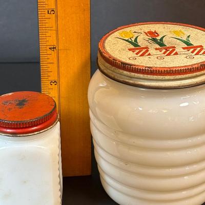LOT 87: Vintage Milk Glass Salt/Pepper Shakers, Spice Jars and Beehive Grease Jar