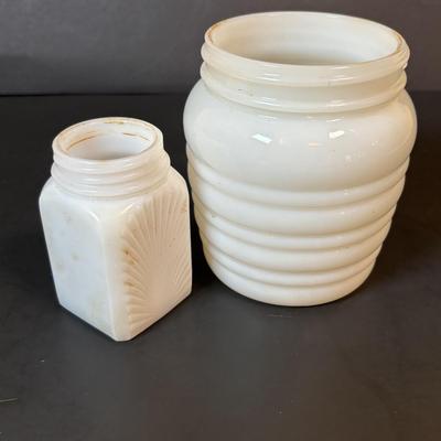 LOT 87: Vintage Milk Glass Salt/Pepper Shakers, Spice Jars and Beehive Grease Jar