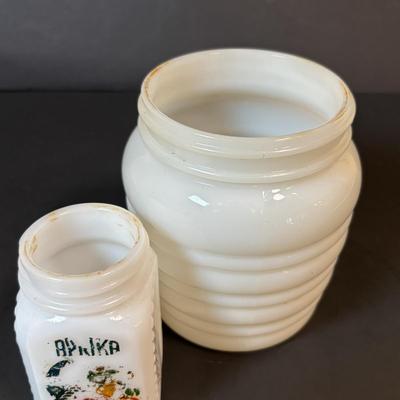 LOT 87: Vintage Milk Glass Salt/Pepper Shakers, Spice Jars and Beehive Grease Jar