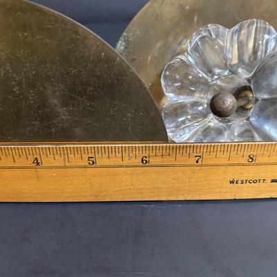 LOT 89: Brass Collection & More: MCM Clear Glass Flower on Brass Base Bookends, Wall Pocket, Candle Sticks, Cat Canister, Bird &...