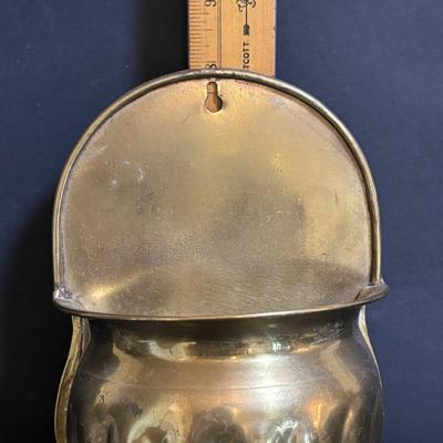 LOT 89: Brass Collection & More: MCM Clear Glass Flower on Brass Base Bookends, Wall Pocket, Candle Sticks, Cat Canister, Bird &...