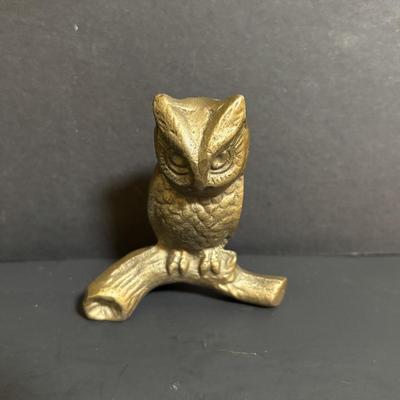 LOT 89: Brass Collection & More: MCM Clear Glass Flower on Brass Base Bookends, Wall Pocket, Candle Sticks, Cat Canister, Bird &...