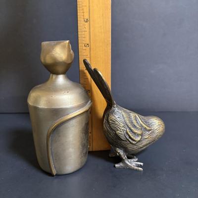 LOT 89: Brass Collection & More: MCM Clear Glass Flower on Brass Base Bookends, Wall Pocket, Candle Sticks, Cat Canister, Bird &...