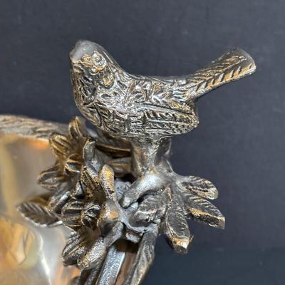 LOT 89: Brass Collection & More: MCM Clear Glass Flower on Brass Base Bookends, Wall Pocket, Candle Sticks, Cat Canister, Bird &...