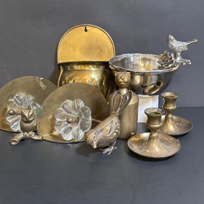 LOT 89: Brass Collection & More: MCM Clear Glass Flower on Brass Base Bookends, Wall Pocket, Candle Sticks, Cat Canister, Bird &...