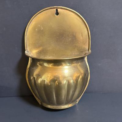 LOT 89: Brass Collection & More: MCM Clear Glass Flower on Brass Base Bookends, Wall Pocket, Candle Sticks, Cat Canister, Bird &...