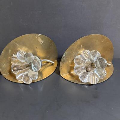 LOT 89: Brass Collection & More: MCM Clear Glass Flower on Brass Base Bookends, Wall Pocket, Candle Sticks, Cat Canister, Bird &...