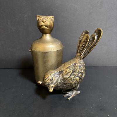 LOT 89: Brass Collection & More: MCM Clear Glass Flower on Brass Base Bookends, Wall Pocket, Candle Sticks, Cat Canister, Bird &...