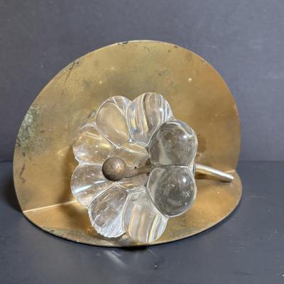 LOT 89: Brass Collection & More: MCM Clear Glass Flower on Brass Base Bookends, Wall Pocket, Candle Sticks, Cat Canister, Bird &...