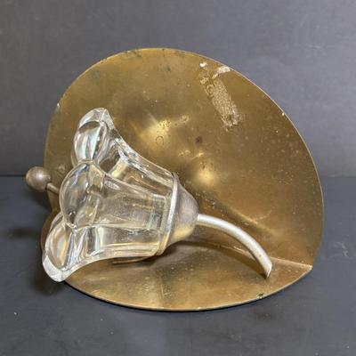 LOT 89: Brass Collection & More: MCM Clear Glass Flower on Brass Base Bookends, Wall Pocket, Candle Sticks, Cat Canister, Bird &...