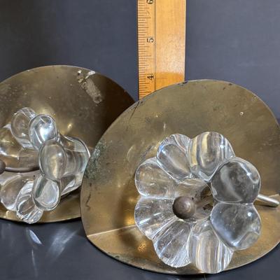 LOT 89: Brass Collection & More: MCM Clear Glass Flower on Brass Base Bookends, Wall Pocket, Candle Sticks, Cat Canister, Bird &...
