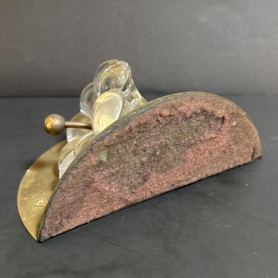 LOT 89: Brass Collection & More: MCM Clear Glass Flower on Brass Base Bookends, Wall Pocket, Candle Sticks, Cat Canister, Bird &...