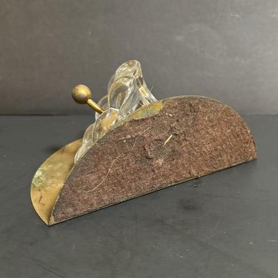 LOT 89: Brass Collection & More: MCM Clear Glass Flower on Brass Base Bookends, Wall Pocket, Candle Sticks, Cat Canister, Bird &...