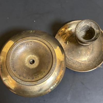 LOT 89: Brass Collection & More: MCM Clear Glass Flower on Brass Base Bookends, Wall Pocket, Candle Sticks, Cat Canister, Bird &...