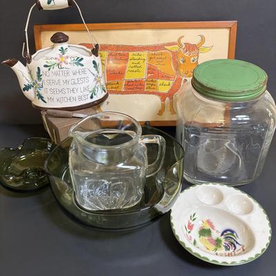 LOT 90: Vintage 1960s Beef Cuts Print, Glass Jar, Green, Avocado Green Glass Bowl, Ceramic Cardinal Egg Dish, Teapot Wall Pocket,...