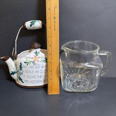 LOT 90: Vintage 1960s Beef Cuts Print, Glass Jar, Green, Avocado Green Glass Bowl, Ceramic Cardinal Egg Dish, Teapot Wall Pocket,...