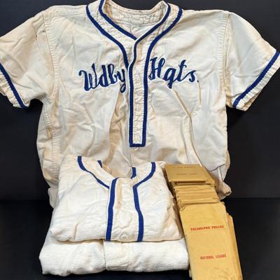 LOT 92: Vintage Woodbury Height Baseball Uniform & APBA Major League Baseball Game Cards 20+ Packets