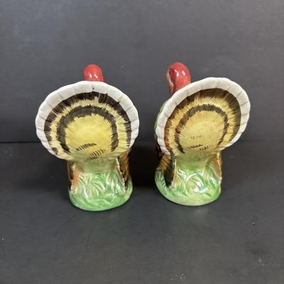 LOT 98: Fall Collection: Paper Decorations, Macy's Day Parade Musical Snow Globe, Lefton Turkey Salt/Pepper Shakers, Glass Pumpkin