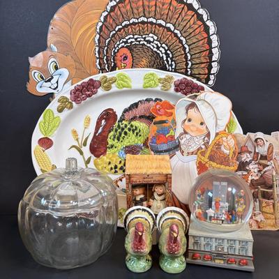 LOT 98: Fall Collection: Paper Decorations, Macy's Day Parade Musical Snow Globe, Lefton Turkey Salt/Pepper Shakers, Glass Pumpkin