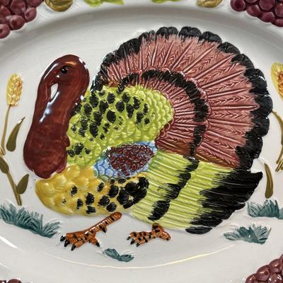 LOT 98: Fall Collection: Paper Decorations, Macy's Day Parade Musical Snow Globe, Lefton Turkey Salt/Pepper Shakers, Glass Pumpkin