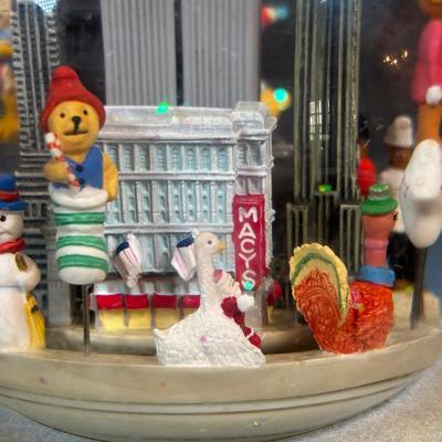 LOT 98: Fall Collection: Paper Decorations, Macy's Day Parade Musical Snow Globe, Lefton Turkey Salt/Pepper Shakers, Glass Pumpkin