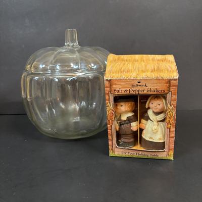 LOT 98: Fall Collection: Paper Decorations, Macy's Day Parade Musical Snow Globe, Lefton Turkey Salt/Pepper Shakers, Glass Pumpkin