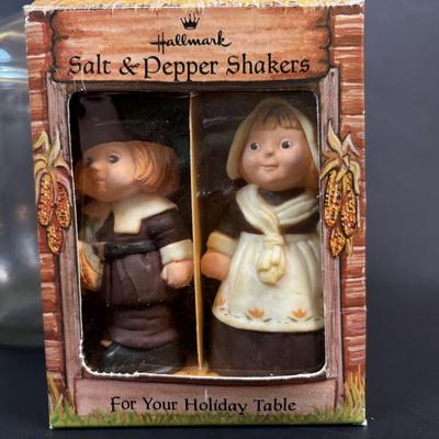 LOT 98: Fall Collection: Paper Decorations, Macy's Day Parade Musical Snow Globe, Lefton Turkey Salt/Pepper Shakers, Glass Pumpkin