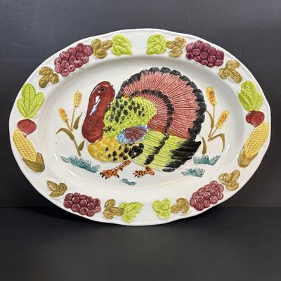 LOT 98: Fall Collection: Paper Decorations, Macy's Day Parade Musical Snow Globe, Lefton Turkey Salt/Pepper Shakers, Glass Pumpkin
