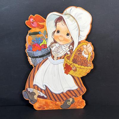 LOT 98: Fall Collection: Paper Decorations, Macy's Day Parade Musical Snow Globe, Lefton Turkey Salt/Pepper Shakers, Glass Pumpkin