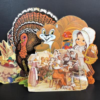 LOT 98: Fall Collection: Paper Decorations, Macy's Day Parade Musical Snow Globe, Lefton Turkey Salt/Pepper Shakers, Glass Pumpkin