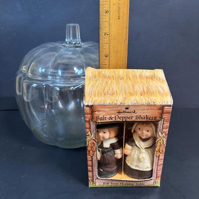 LOT 98: Fall Collection: Paper Decorations, Macy's Day Parade Musical Snow Globe, Lefton Turkey Salt/Pepper Shakers, Glass Pumpkin